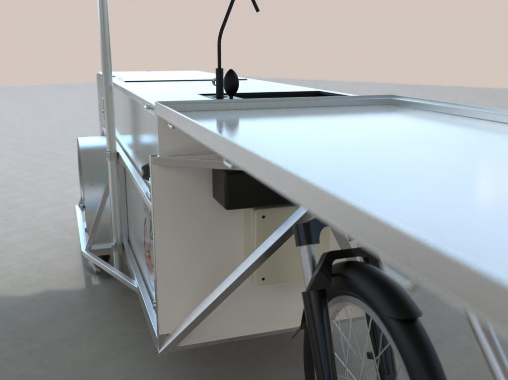 Cuisine Mobile électrique sur remorque vélo (Sine de Bussière) PAPALOTEC, fabrication de remorques à vélo sur mesure pour les professionnels. Design and manufacturing of Bike's trailers for professionnals. Trailer, bike, Professional, production, manufacturing, cargo, fabrication, mechanical engineering, ingénierie mécanique, conception, creation, design, custom, bicycle, bicyclette, high load , volume, grande charge. Plaine des bouchers, route de la fédération, travail bois, metal inox, aluminium, acier.