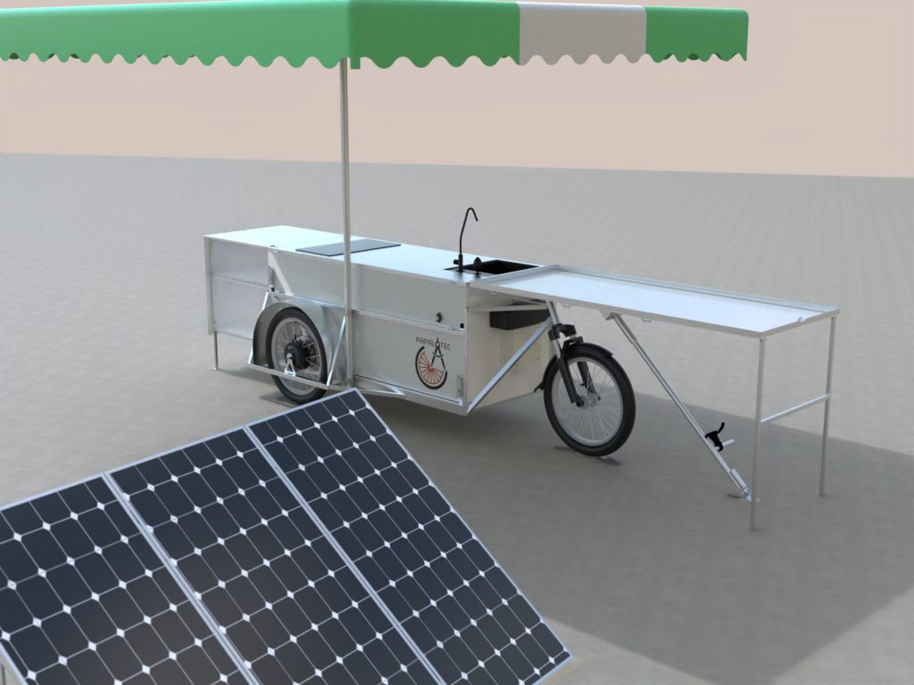 Cuisine Mobile électrique sur remorque vélo (Sine de Bussière) PAPALOTEC, fabrication de remorques à vélo sur mesure pour les professionnels. Design and manufacturing of Bike's trailers for professionnals. Trailer, bike, Professional, production, manufacturing, cargo, fabrication, mechanical engineering, ingénierie mécanique, conception, creation, design, custom, bicycle, bicyclette, high load , volume, grande charge. Plaine des bouchers, route de la fédération, travail bois, metal inox, aluminium, acier.