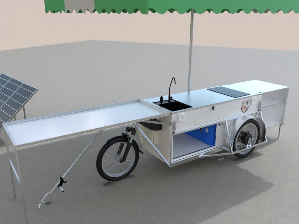 Cuisine Mobile électrique sur remorque vélo (Sine de Bussière) PAPALOTEC, fabrication de remorques à vélo sur mesure pour les professionnels. Design and manufacturing of Bike's trailers for professionnals. Trailer, bike, Professional, production, manufacturing, cargo, fabrication, mechanical engineering, ingénierie mécanique, conception, creation, design, custom, bicycle, bicyclette, high load , volume, grande charge. Plaine des bouchers, route de la fédération, travail bois, metal inox, aluminium, acier.