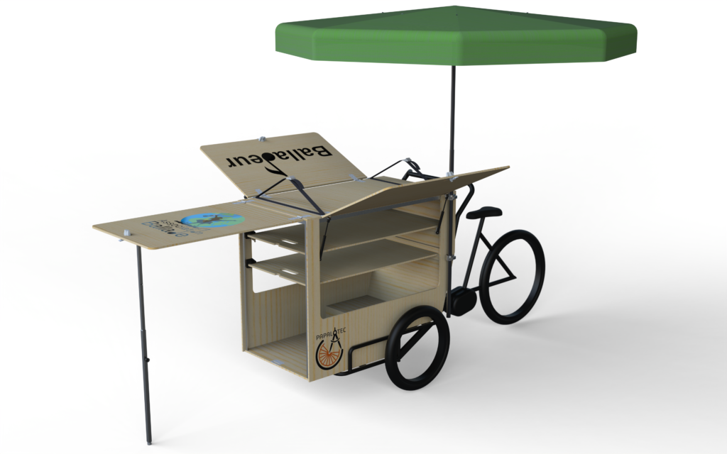 Triporteur pour le transport d'instruments de musique (Association Ballade) PAPALOTEC, fabrication de remorques à vélo sur mesure pour les professionnels. Design and manufacturing of Bike's trailers for professionnals. Trailer, bike, Professional, production, manufacturing, cargo, fabrication, mechanical engineering, ingénierie mécanique, conception, creation, design, custom, bicycle, bicyclette, high load , volume, grande charge. Plaine des bouchers, route de la fédération, travail bois, metal inox, aluminium, acier.